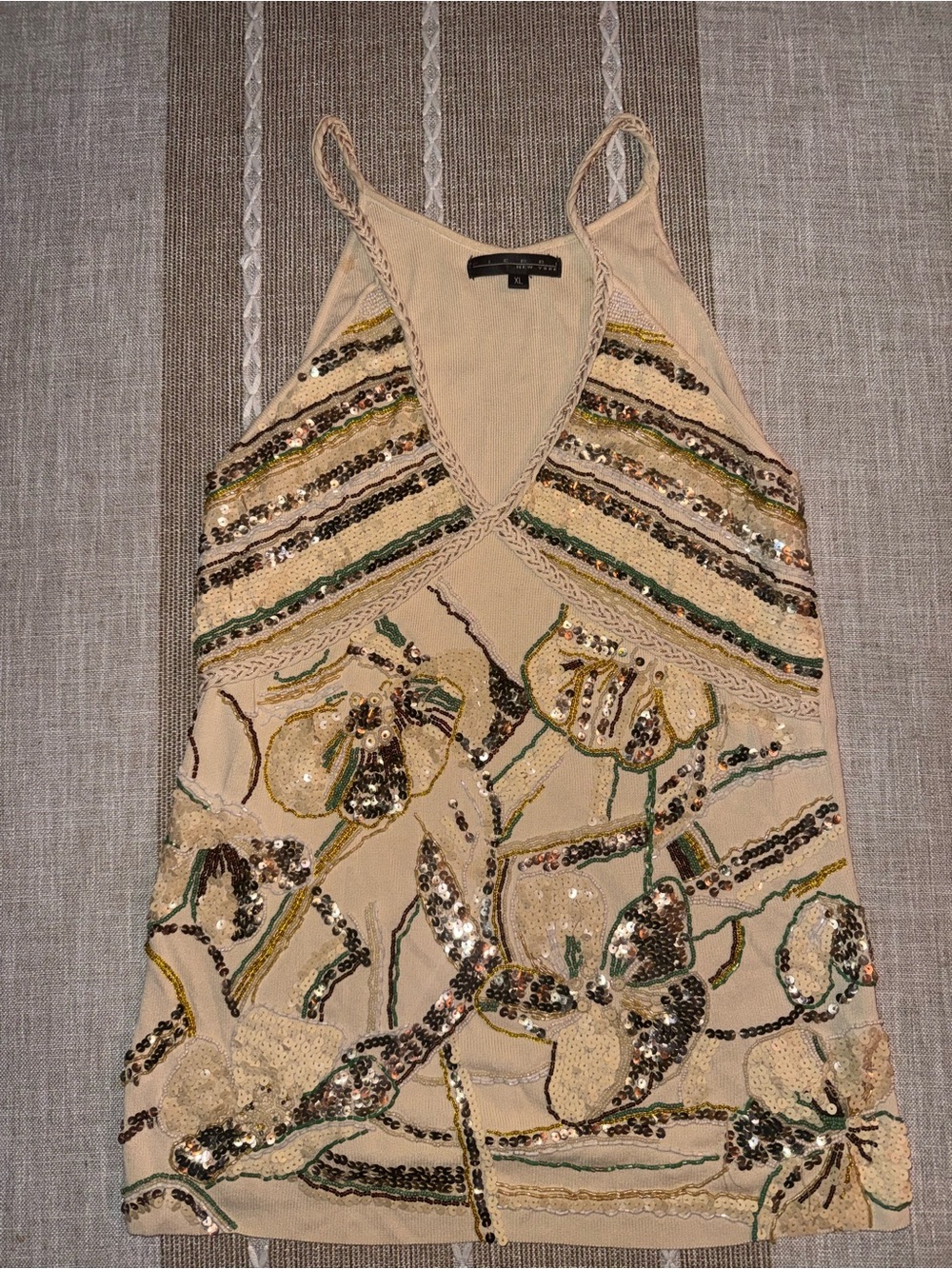 Pierri New York Beige Sequin Floral Halter Camisole- Very Y2K